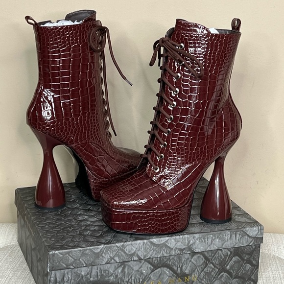 Azalea Wang Shoes - Azalea Wang Brown Croc Patent Heel Bootie